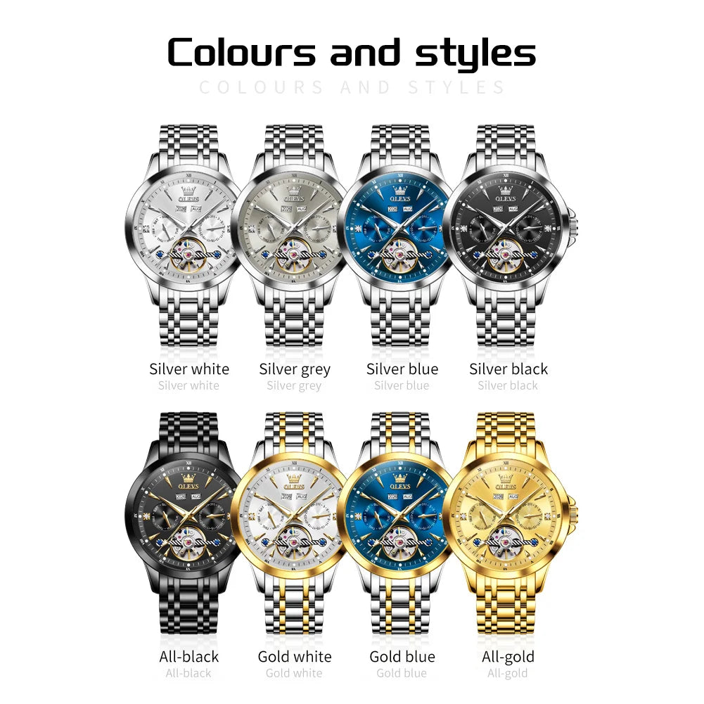 OLEVS 7091 Mens Watch Original Flywheel Automatic Mechanical Watch For Man Perpetual Calendar Waterproof Luminous Luxury Reloj