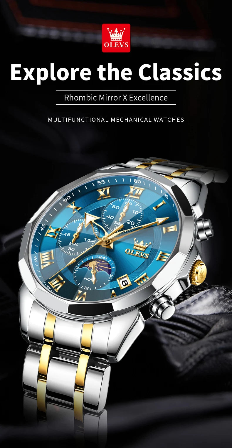 OLEVS 3675 Mens Watch Original Multifunctional Chronograph Quartz Watch Moon Phase Watches For Men Waterproof Mens Gifts Reloj