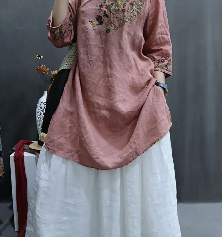 Cotton and Linen Women Clothing 2025 Summer New Print Retro Embroidery Loose Slim and Fashionable Shirt