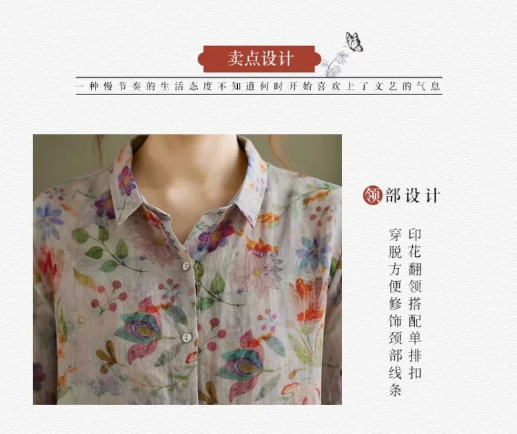 Women's Clothing Shirts Blouse Camisas Women Shirts Vintage Blusa Mujer Cotton Linen Casual Print Long Sleeve Flower Autumn