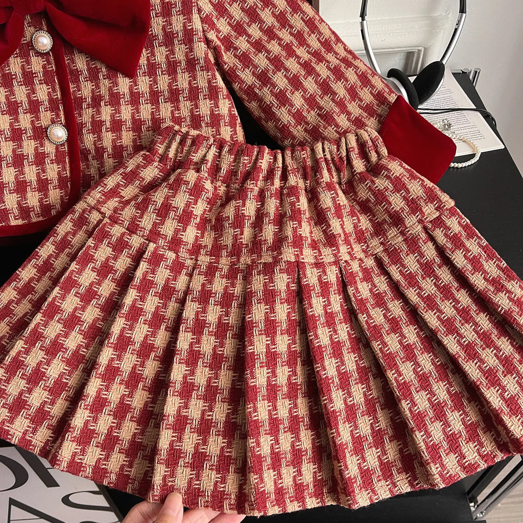 Children's Clothing Sets Red Plaid Bow Coat + Pleated Skirt Sets Winter Clothes for Girls Baby Girl Outfit Set Boutique Clothes