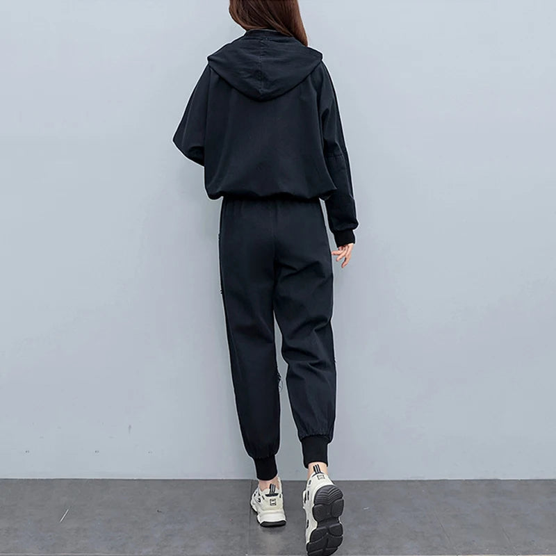 Clothing Suits 2025 Spring autumn Punk Outfits Womens Two Pieces Sets British Loose Casual Hooded Jackets Denim Pants