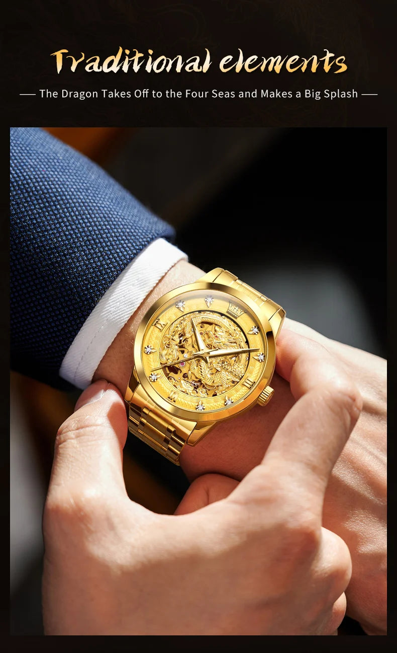 OLEVS Japan Automatic Mechanical Men's Watches High-end Luxury Brand Original Stainless Steel Hollowed Dragon Watch for Men 7027