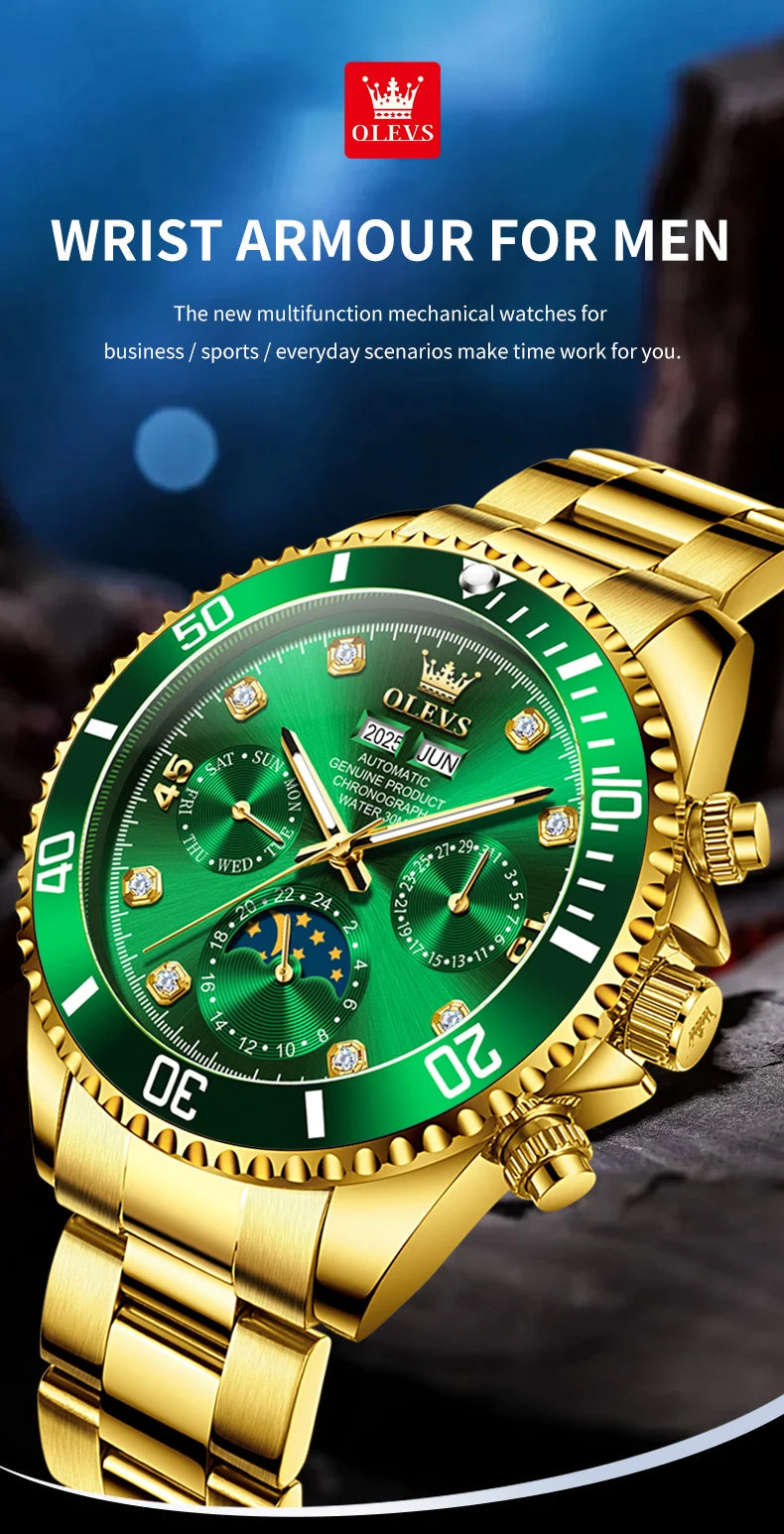 OLEVS 6729 Automatic Watch Man 24 Hour Moon Phase Mechanical Watch For Men Luxury 30M Waterproof Luminous Date Men's Wristwatch