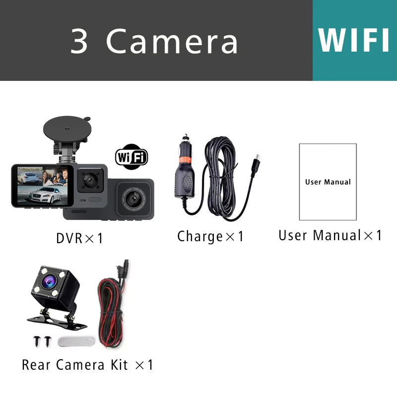 Wifi 3 Camera Car Dvr 3 Channel Dash Cam FHD 1080P Dash Camera Interior Dashcam Video Recorder Black Box 24H Parking Monitoring