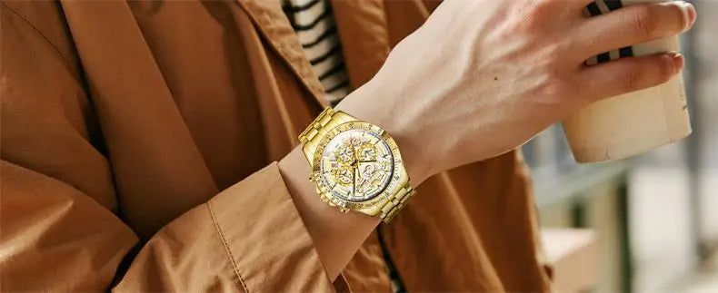 OLEVS Men's Watches Gold Luxury Hollow Out Style Original Quartz Watch for Man Waterproof Luminous Chronograph Date 24 Hours