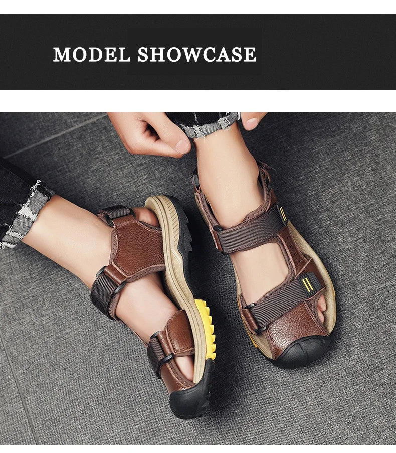 Summer Breathable Genuine Leather Men Sandals Waterproof Non-Slip Large Size flip flops Beach shose For Outdoor Anti-Collision