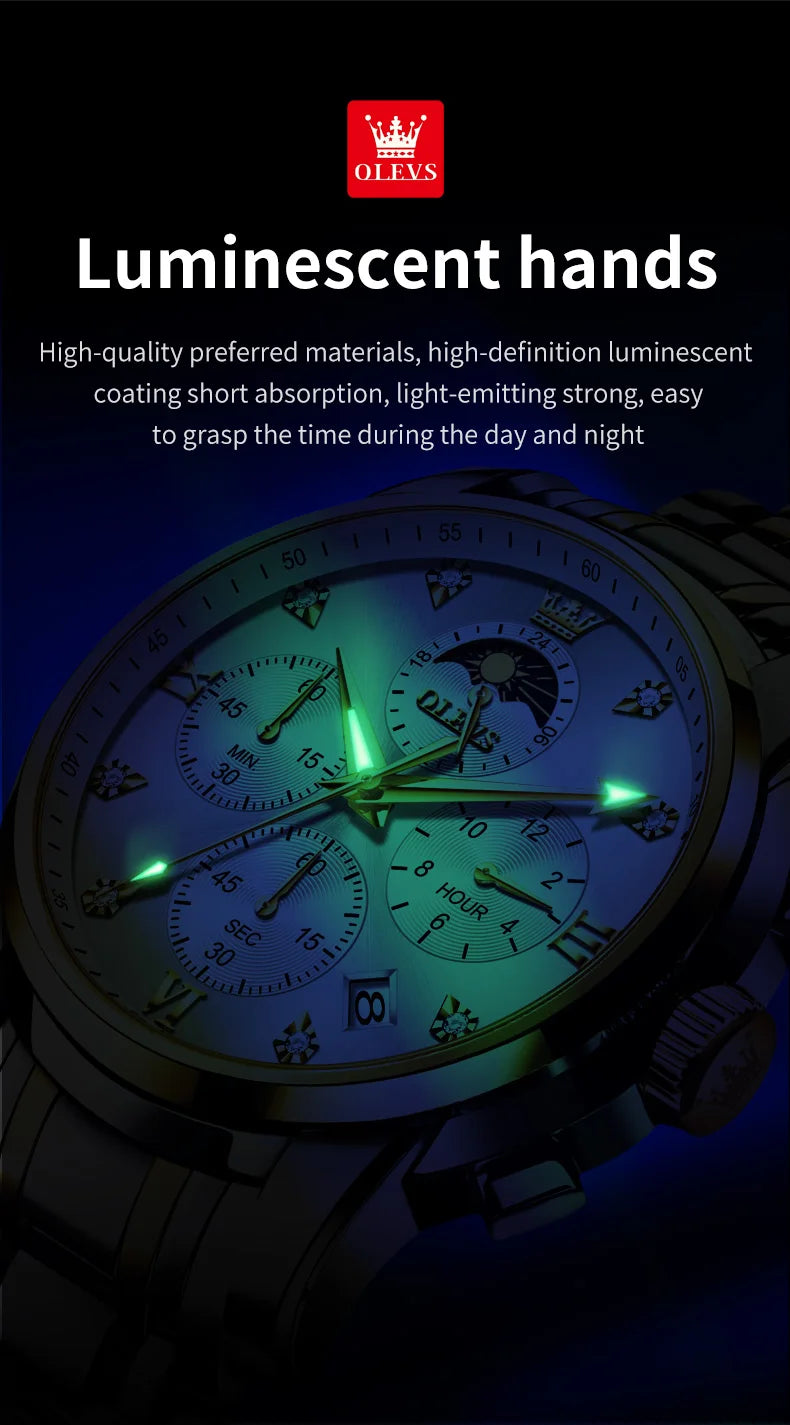 OLEVS 3655 Moon Phase Classic Three Eye Dial Men's Watch Stainless Steel Watch for Male Butterfly Buckle Waterproof Quartz watch
