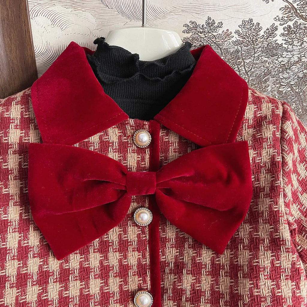 Children's Clothing Sets Red Plaid Bow Coat + Pleated Skirt Sets Winter Clothes for Girls Baby Girl Outfit Set Boutique Clothes