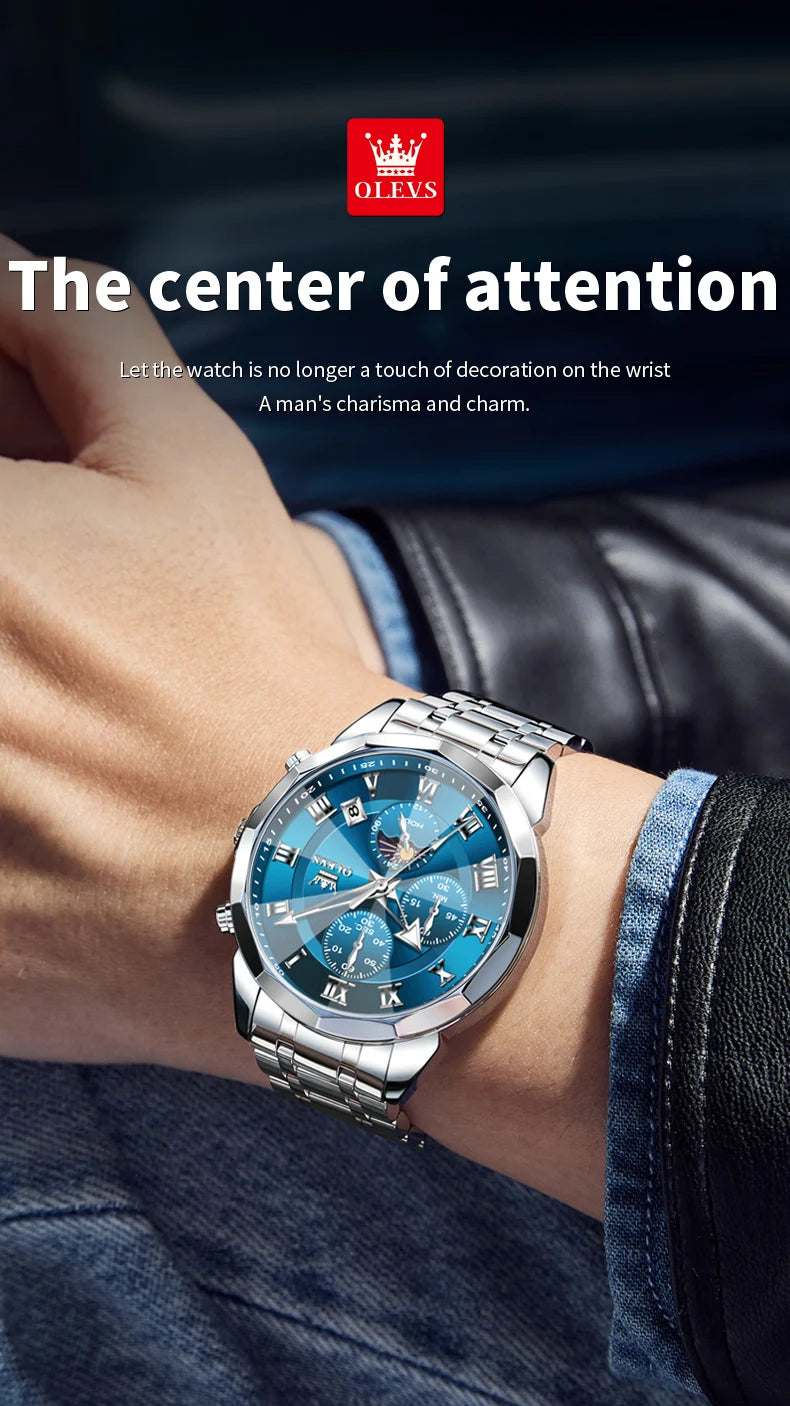OLEVS 3675 Mens Watch Original Multifunctional Chronograph Quartz Watch Moon Phase Watches For Men Waterproof Mens Gifts Reloj