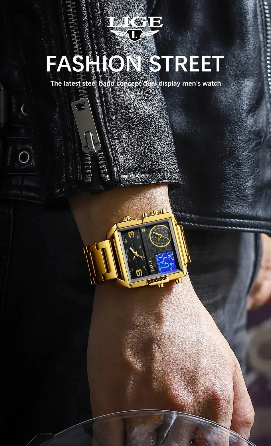 LIGE Luxury Original Men Sports Wrist Watch Gold Quartz Steel Waterproof Dual Display Clock Watches For Men Relogio Masculino