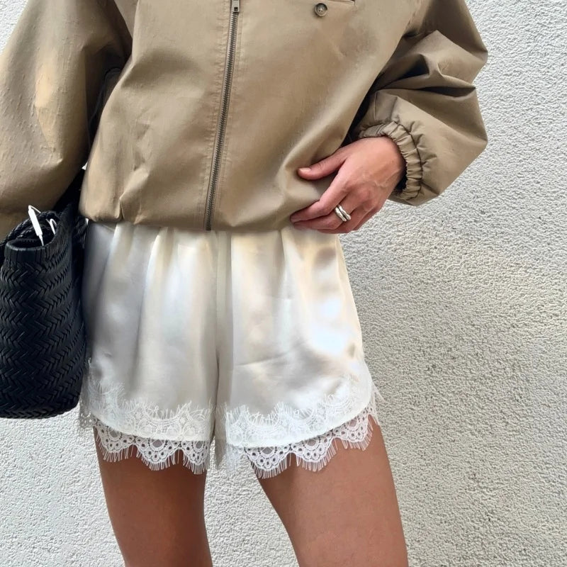 Women Y2k Slik Lace Trim Shorts Stain Pajama Micro Mini Slip Boxer Shorts Low Rise Lounge Pj Bottoms Pettipants Streetwear
