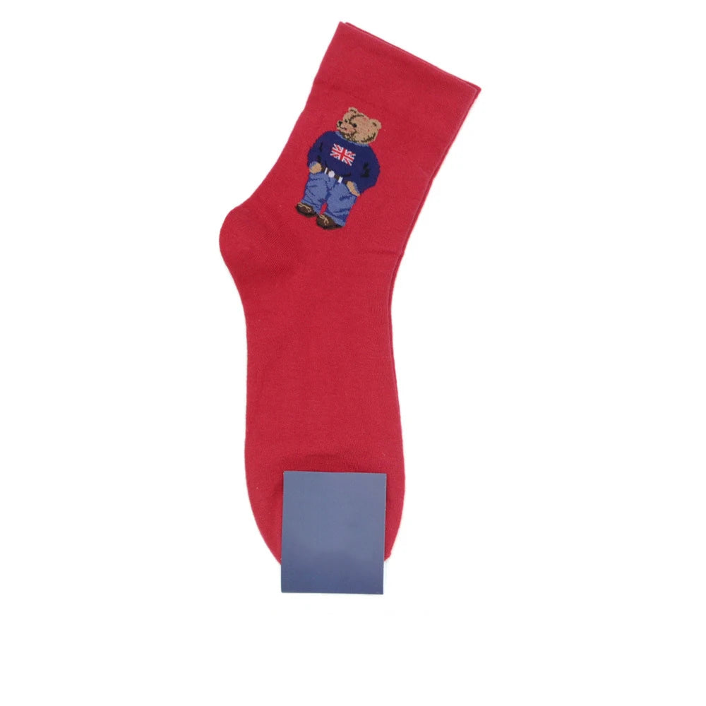 Cartoon Gentleman Bear Socks Red Socks for Men Cotton Harajuku Skateboard Socks Novelty Breathable Sox Christmas Gift