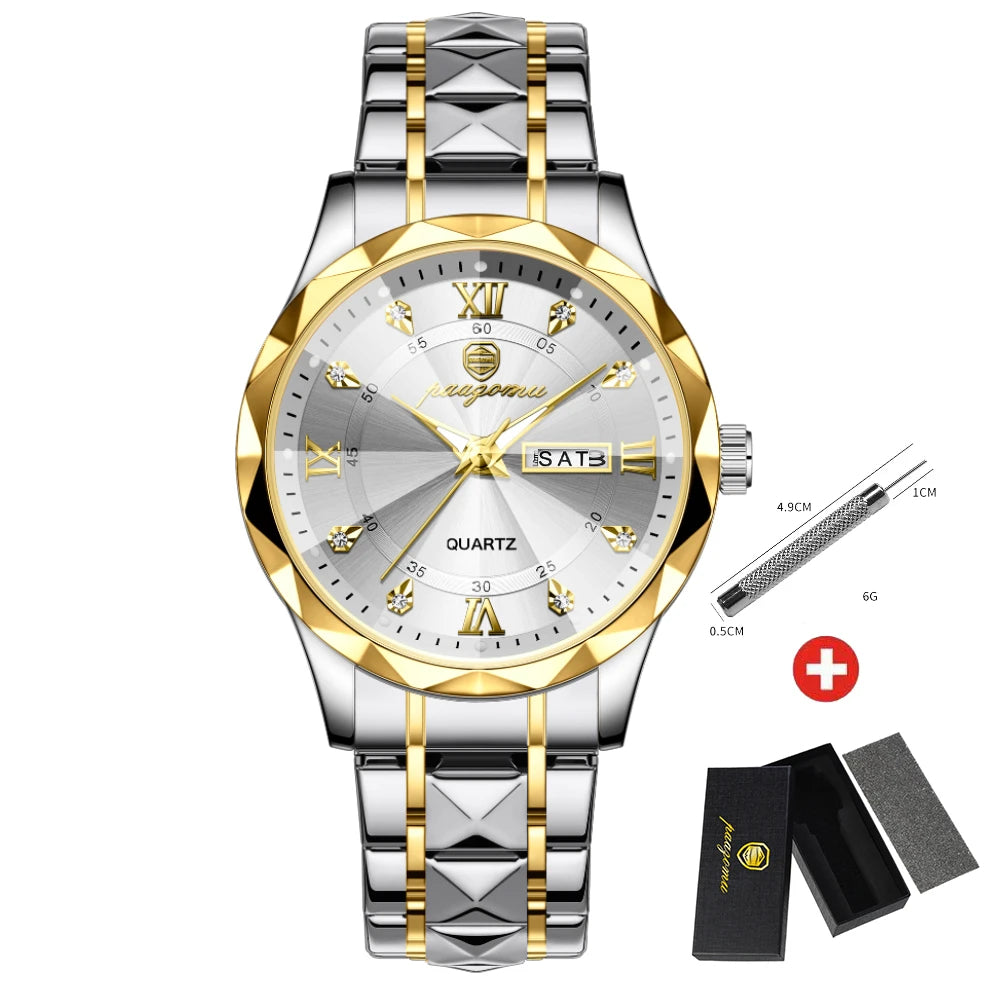 PENGAGAR Top Brand Luxury Man Wristwatch Waterproof Luminous Date Week Men Watches Stainless Steel Quartz Men's Watch Male reloj