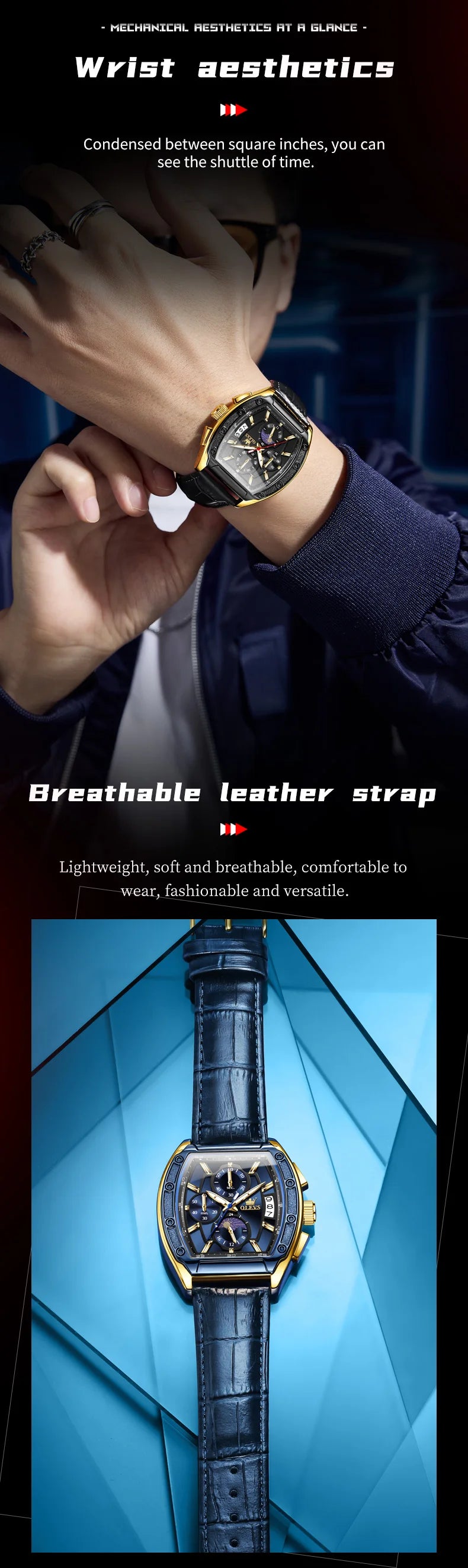 OLEVS Watch New 3661 Mens Watch Luxury Quartz Watch Waterproof Luminous Stainless Steel Moon Phase Sport Tonneau Watches For Men