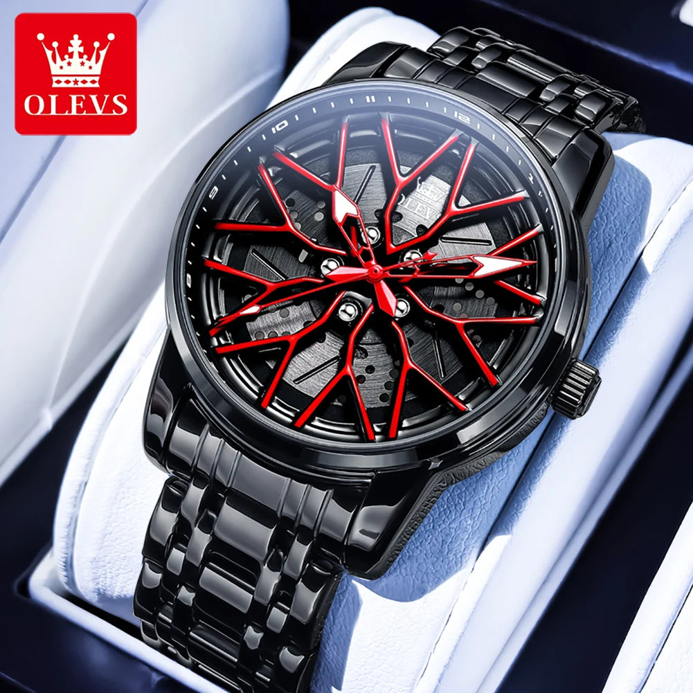OLEVS 3701 Mens Watch Rotatable Wheel Hub Dial Fashion Quartz Watch Waterproof Luminous Stainless Steel Watches For Man Original