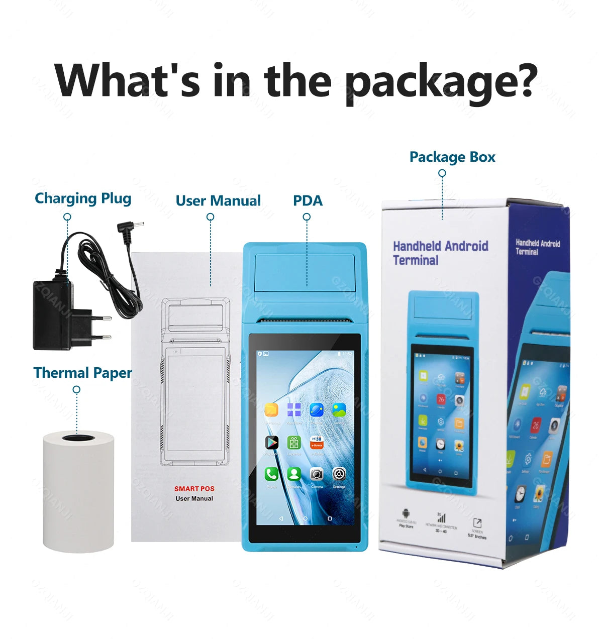 4G 3G Android 12/8.1 PDA POS System & 58mm Thermal Printer Bluetooth WiFi Handheld POS Terminal 5.5'' Touch Screen Loyverse app