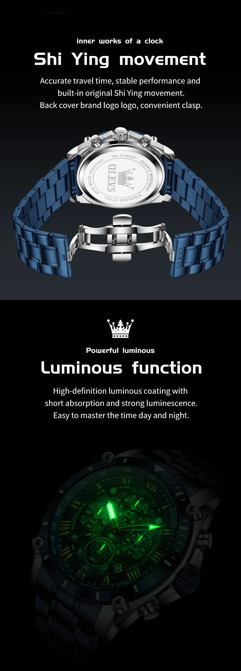 OLEVS New Man Watch Moon Phase Chronograph Waterproof Luminous Multi-functional Original Luxury Brand Quartz Men's Watches 3689