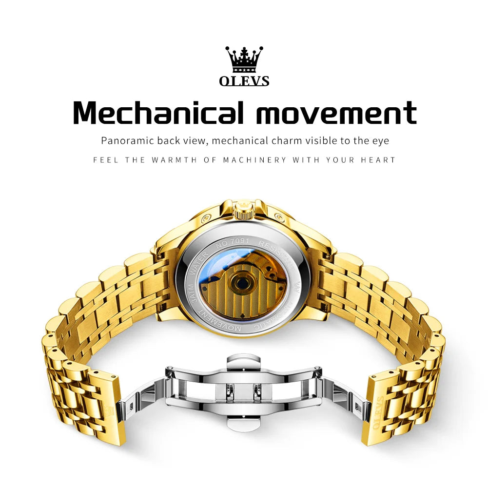 OLEVS 7091 Mens Watch Original Flywheel Automatic Mechanical Watch For Man Perpetual Calendar Waterproof Luminous Luxury Reloj