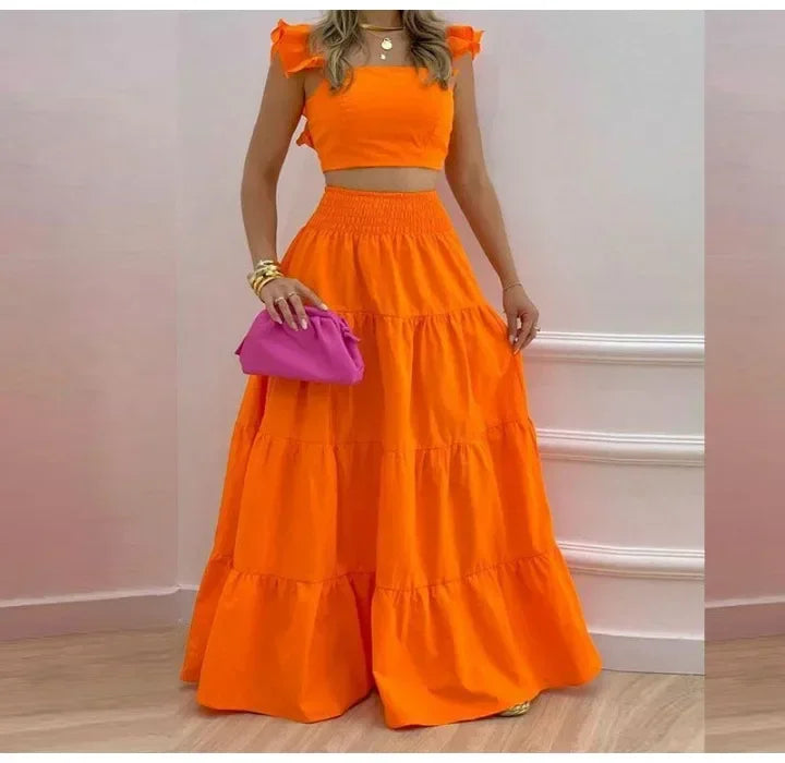 Skirt Sets Womans Clothing Streetwear New Spring/Summer Elegant Sexy Collage Sleeveless Top and Longuette Suits for Female