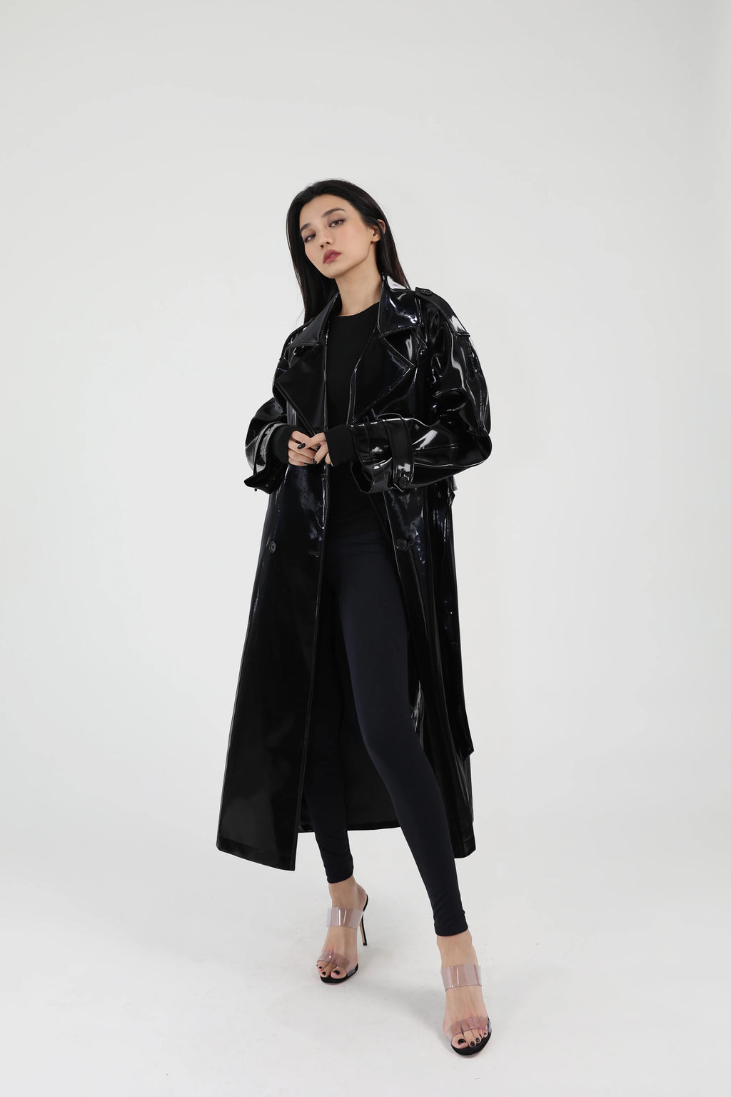 Lautaro Spring Autumn Long Shiny Reflective Patent Leather Trench Coat for Women Sashes Luxury Designer Runway European Fashion