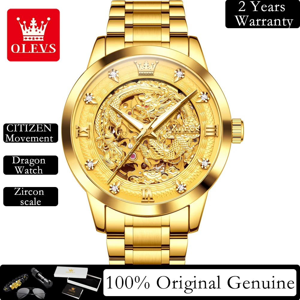 OLEVS Japan Automatic Mechanical Men's Watches High-end Luxury Brand Original Stainless Steel Hollowed Dragon Watch for Men 7027