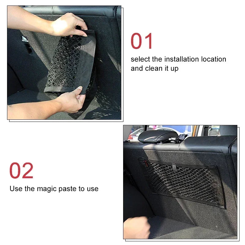 Car Storage Net Stretchable Mesh Pocket Net Magic Elastic Sticker Universal Rear Mesh Trunk Seat Bag Pocket Cage Auto Organizer