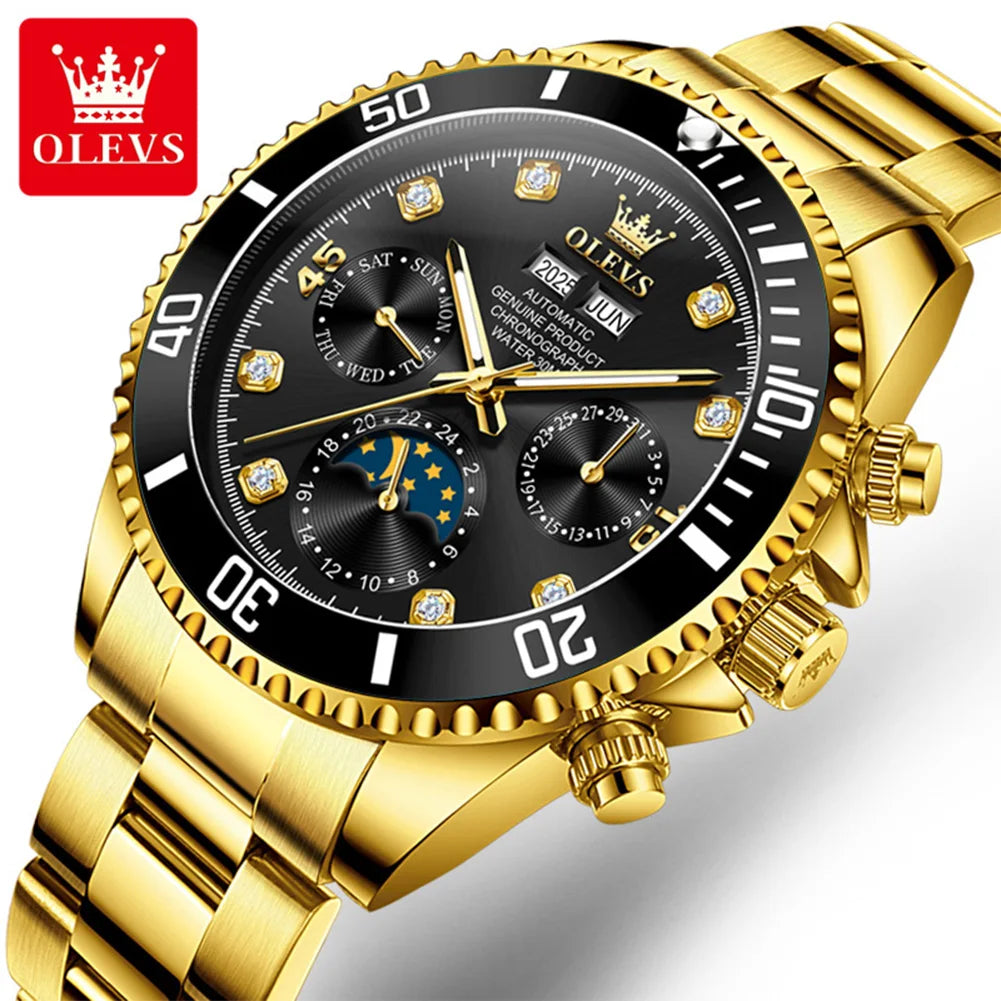 OLEVS 6729 Automatic Watch Man 24 Hour Moon Phase Mechanical Watch For Men Luxury 30M Waterproof Luminous Date Men's Wristwatch