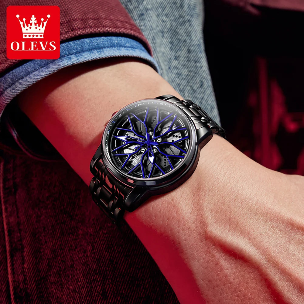 OLEVS 3701 Mens Watch Rotatable Wheel Hub Dial Fashion Quartz Watch Waterproof Luminous Stainless Steel Watches For Man Original