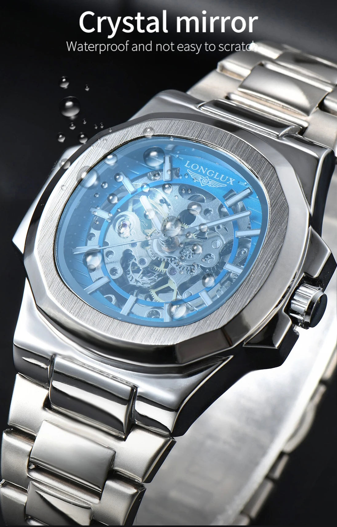 LONGLUX Men automatic mechanical watch luxury watches waterproof skeleton business cheap wholesale stainless steel gift watch