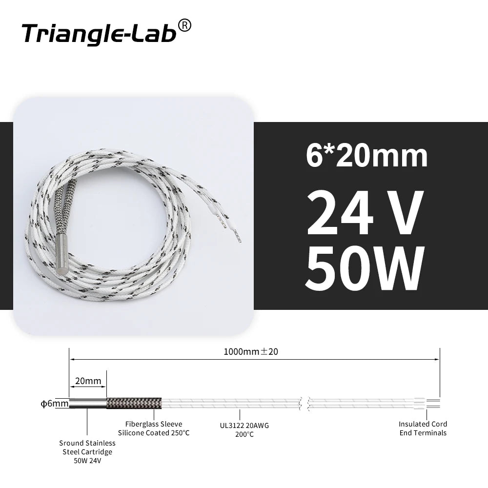 Trianglelab 3D Printer 6*20MM 12V/24V 40W Heater Cartridge With 100CM cable For 3D Printer for PT100 HOTEND Volcano MK8 MK9