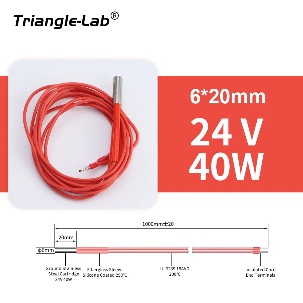 Trianglelab 3D Printer 6*20MM 12V/24V 40W Heater Cartridge With 100CM cable For 3D Printer for PT100 HOTEND Volcano MK8 MK9