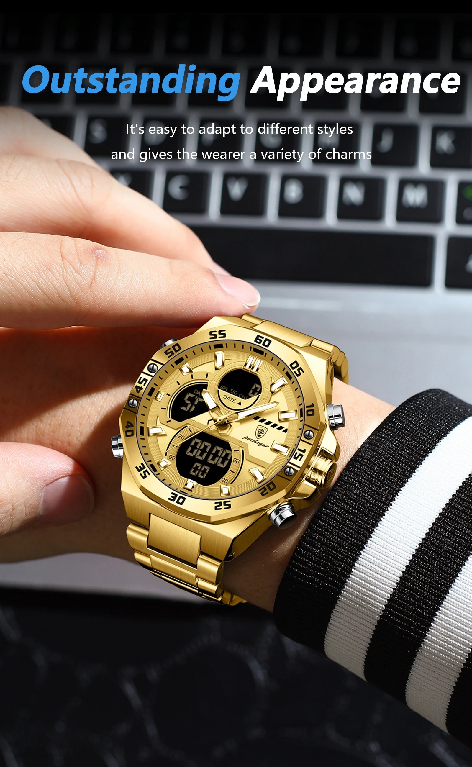 POEDAGAR New Men Clock LED Luminous Waterproof Week Date Military Man Wristwatch Electronic Stainless Steel Quartz Men's Watches