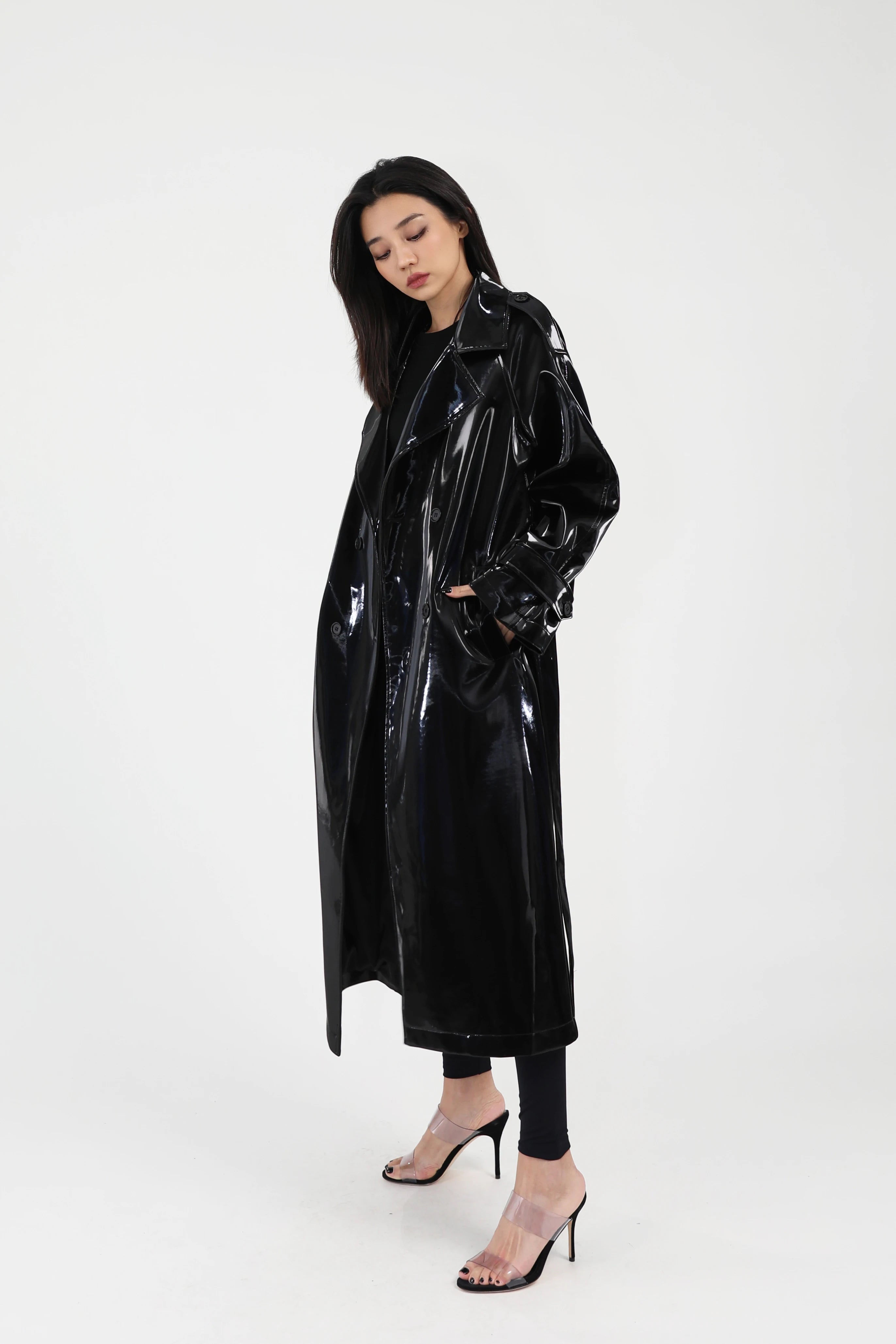 Lautaro Spring Autumn Long Shiny Reflective Patent Leather Trench Coat for Women Sashes Luxury Designer Runway European Fashion