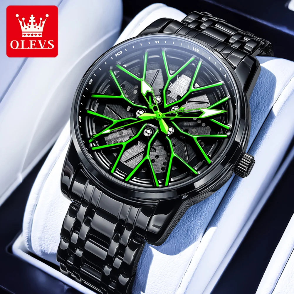 OLEVS 3701 Mens Watch Rotatable Wheel Hub Dial Fashion Quartz Watch Waterproof Luminous Stainless Steel Watches For Man Original