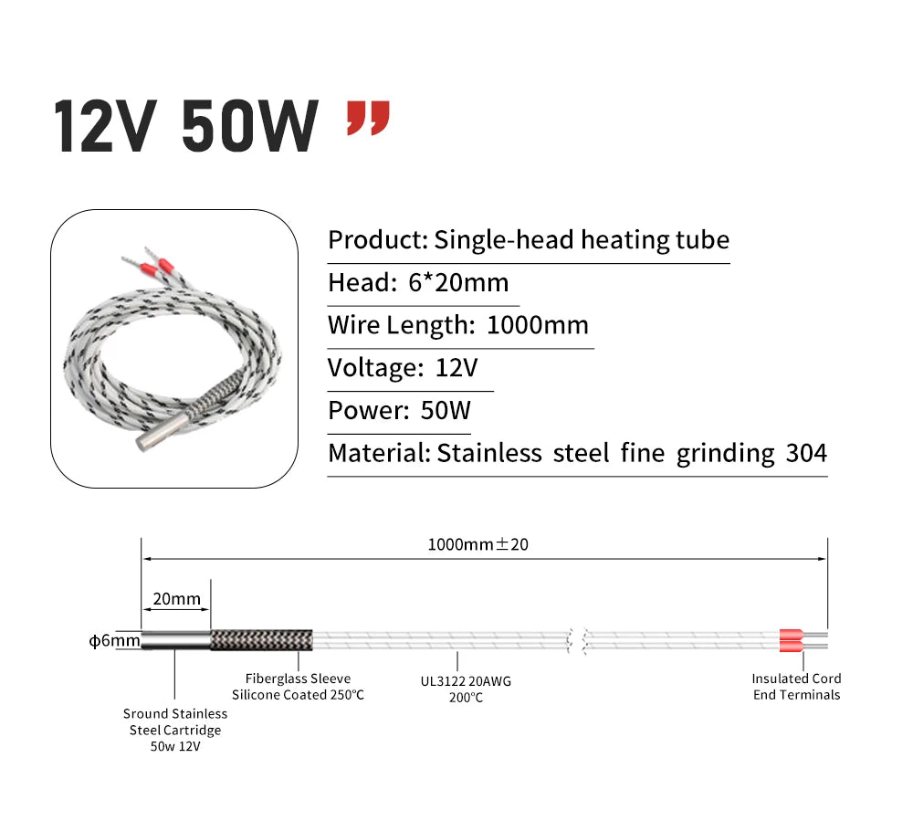 Trianglelab 3D Printer 6*20MM 12V/24V 40W Heater Cartridge With 100CM cable For 3D Printer for PT100 HOTEND Volcano MK8 MK9