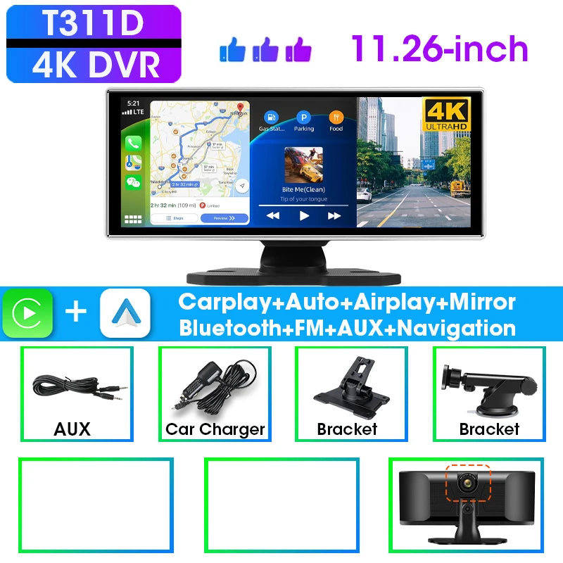 7/10.26"/11 26" Dash Cam 4K Car DVR Wireless Carplay Android Auto Ai Screen 1080P Camera GPS Navigation Video Recorder Bluetooth