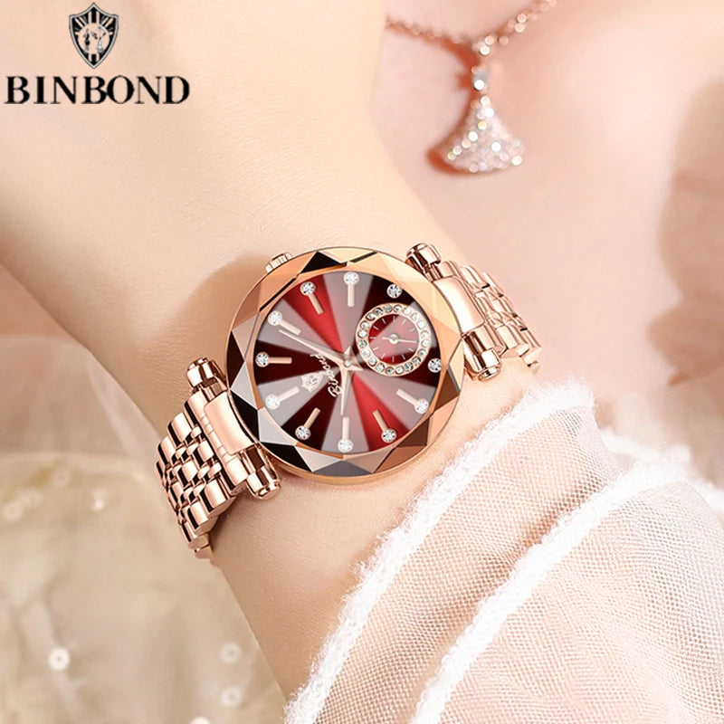 BINBOND Fashion Elegant Women Quartz Watches Original Heart Of The Ocean Design Waterproof Luminous Diamond Lady Casual Watches