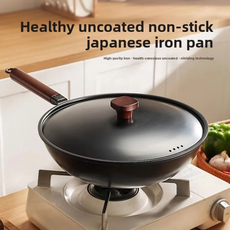 Iron pot without coating, flat bottomed pot already cooked, household induction cooker, gas stove, universal non stick pot