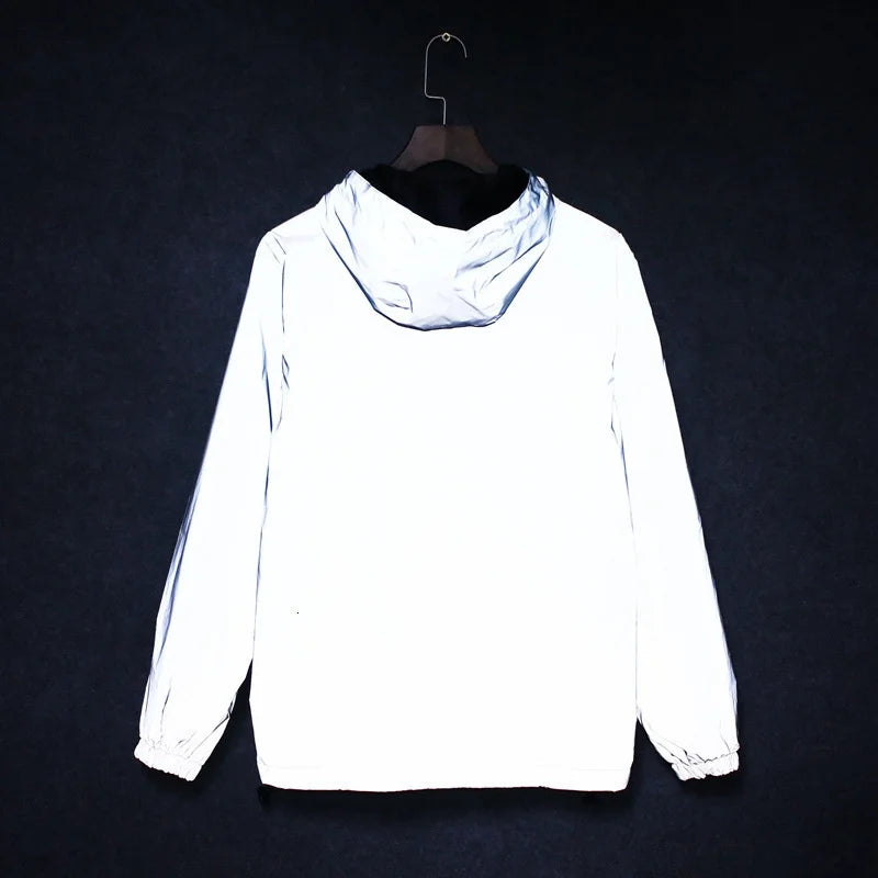 Men's Full Reflective Jacket Casual Women Windbreaker Hip Hop Hooded Coat Waterproof Printed Streetwear Night Shiny Jackets 5XL