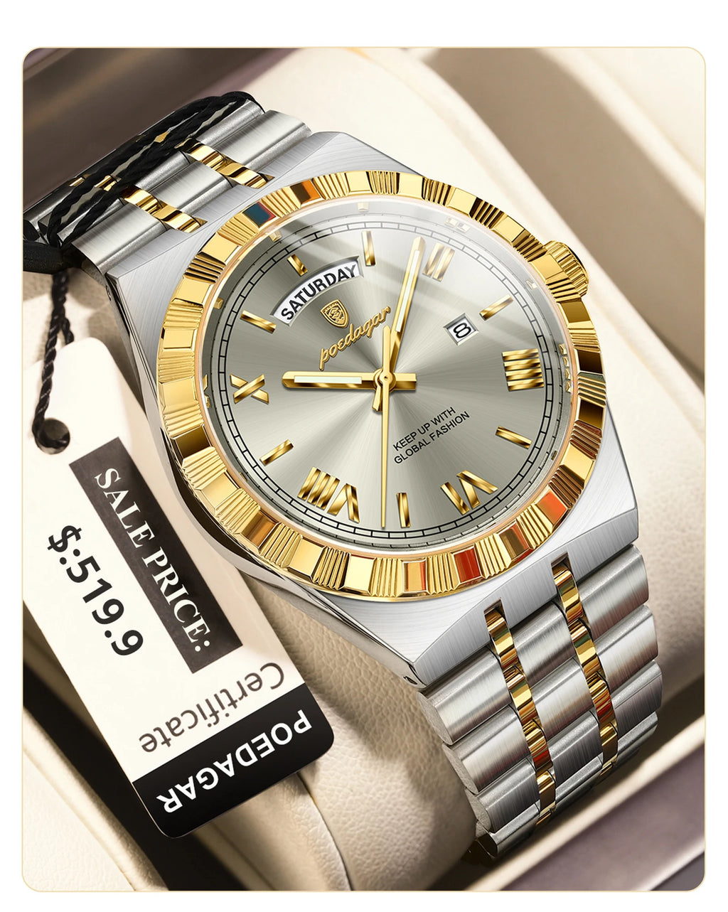 POEDAGAR Luxury Business Man Watch Week Date Waterproof Luminous Watches For Men Stainless Steel Quartz Men's Fashion Wristwatch