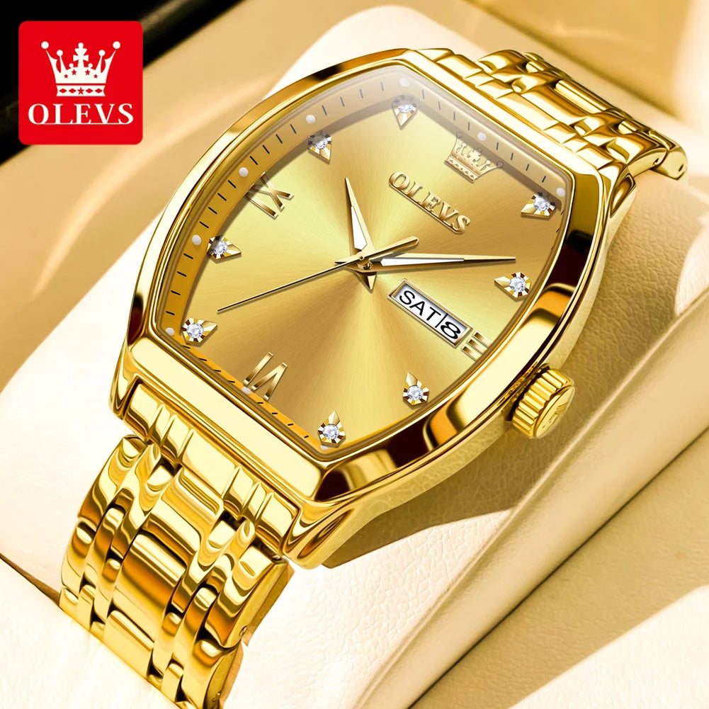 OLEVS Men's Watches Luxury Tonneau Original Top Brand Quartz Watch for Men Waterproof Luminous Week Date Male Wristwatch