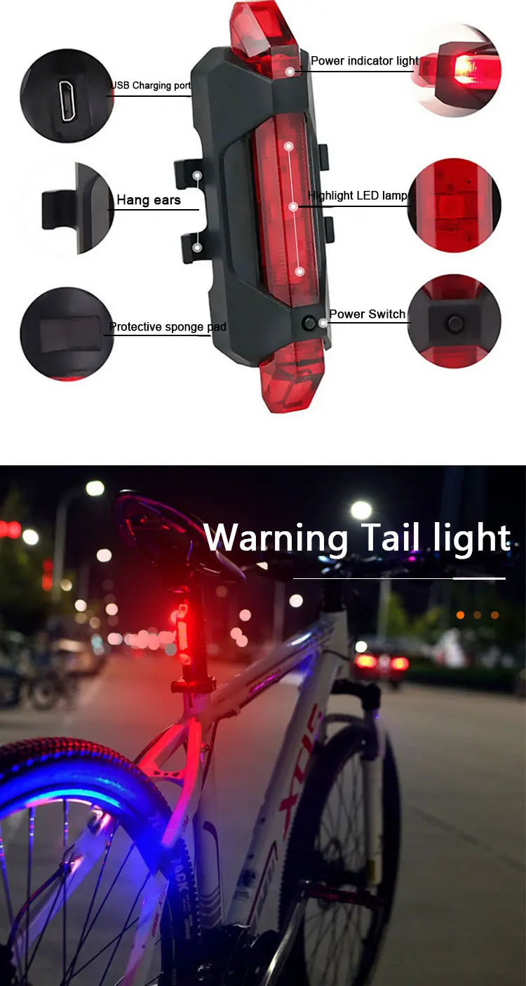 Bicycle Front Rear Light Set LED Rechargeable MTB Bike Head Light Cycling Red Warning Tail Light Accessories for Night Riding