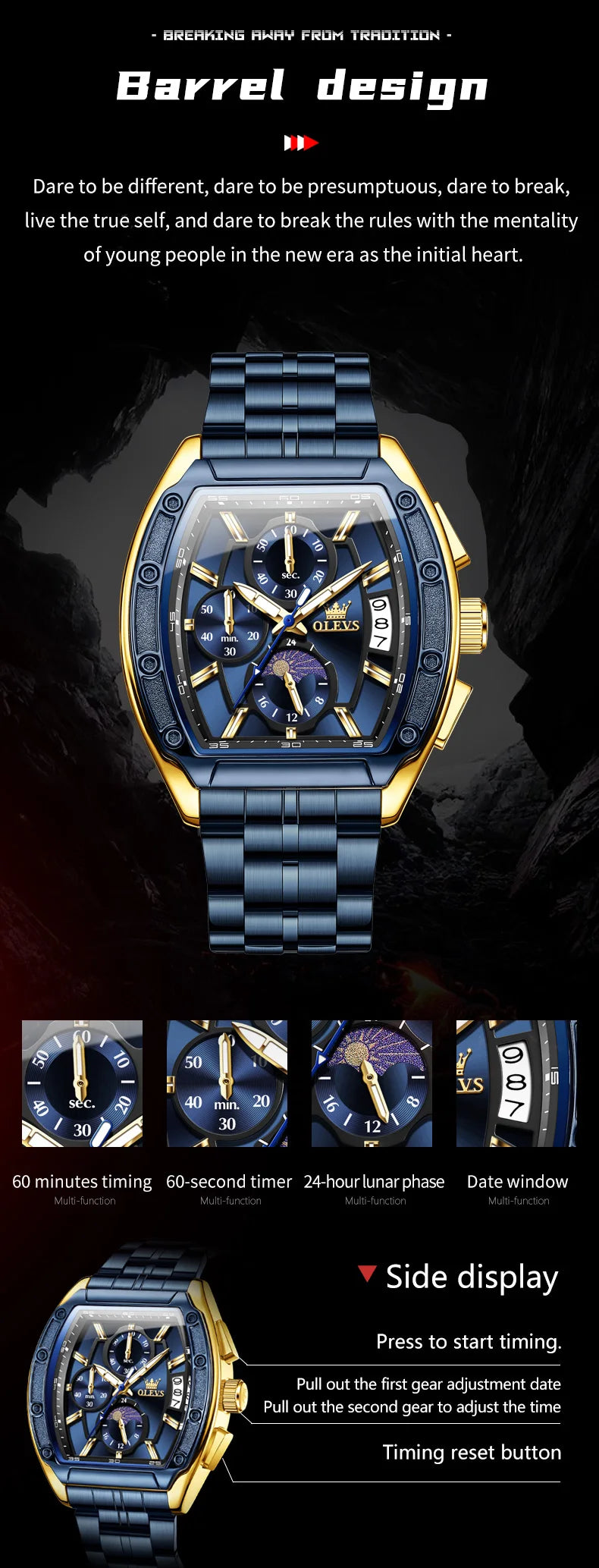 OLEVS Watch New 3661 Mens Watch Luxury Quartz Watch Waterproof Luminous Stainless Steel Moon Phase Sport Tonneau Watches For Men