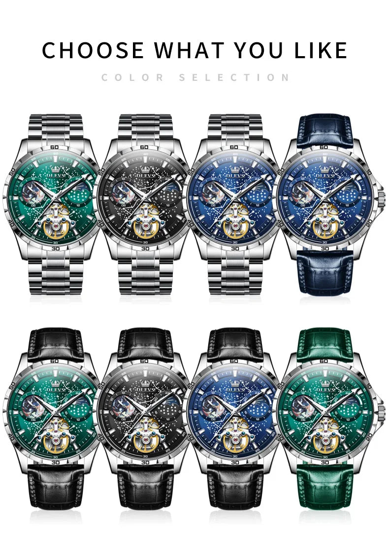 OLEVS Flywheel Skeleton Automatic Watch for Men Luminous Starry Sky Waterproof Business Wristwatch Mechanical Watch