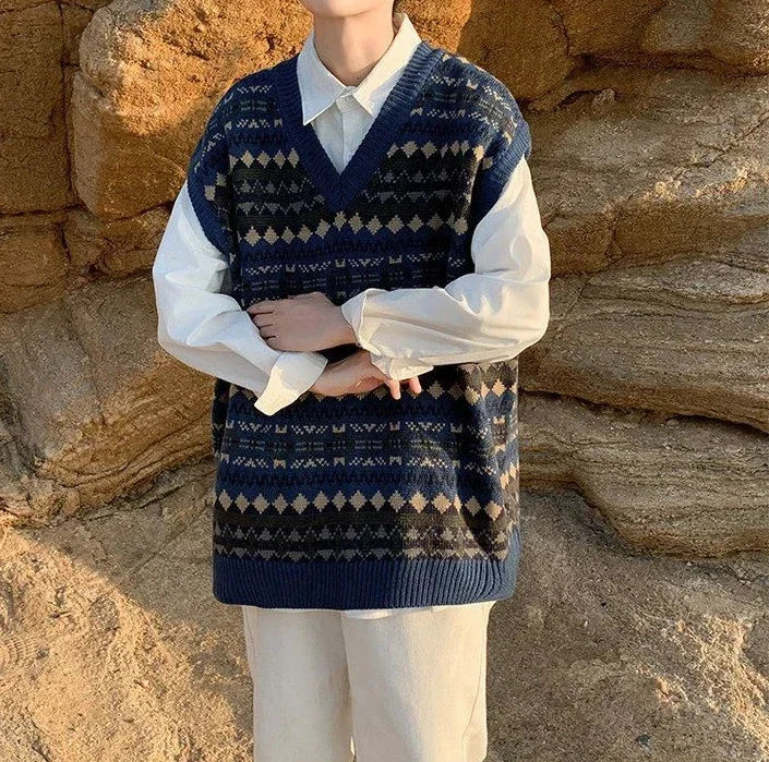 Men's Clothing Plaid Sleeveless Blue Knit Sweater Male Graphic Waistcoat Vest Casual Korean Style Baggy Fashion Stylish Hot A