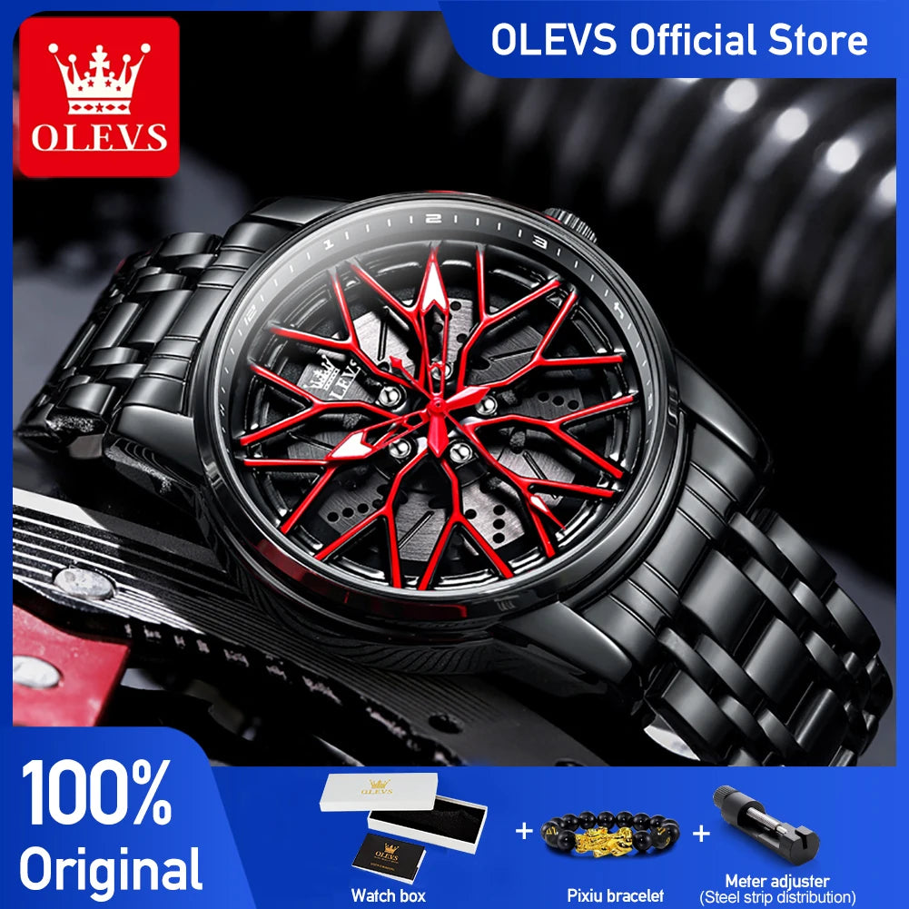 OLEVS 3701 Mens Watch Rotatable Wheel Hub Dial Fashion Quartz Watch Waterproof Luminous Stainless Steel Watches For Man Original