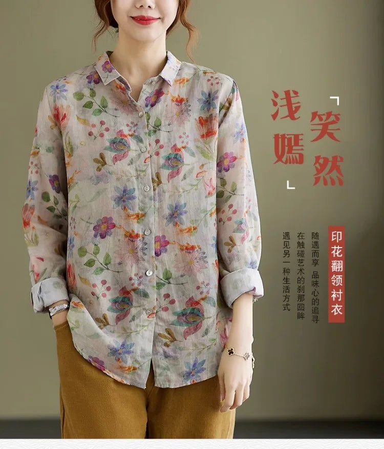 Women's Clothing Shirts Blouse Camisas Women Shirts Vintage Blusa Mujer Cotton Linen Casual Print Long Sleeve Flower Autumn