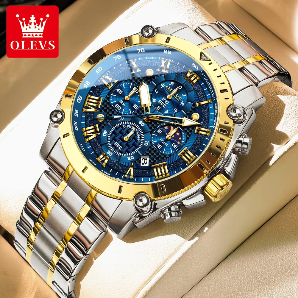 OLEVS New Man Watch Moon Phase Chronograph Waterproof Luminous Multi-functional Original Luxury Brand Quartz Men's Watches 3689