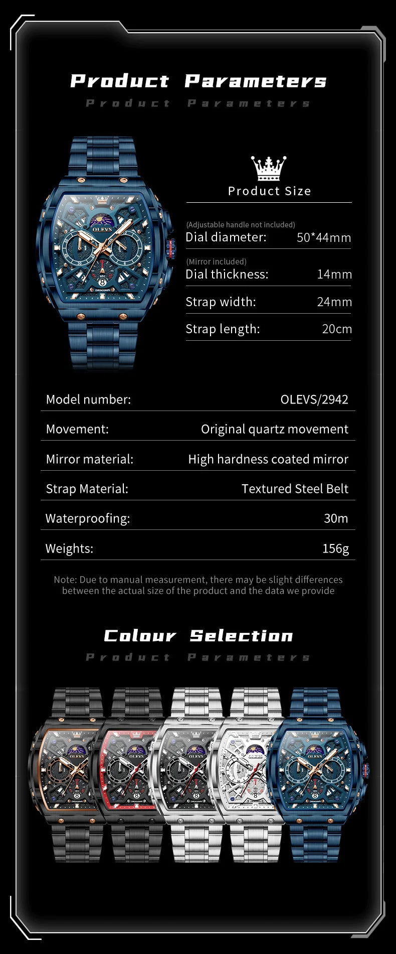 OLEVS 2942 New Mens Watch Original Tonneau Quartz Watch Waterproof Luminous Stainless Steel Watches For Men Gifts Box